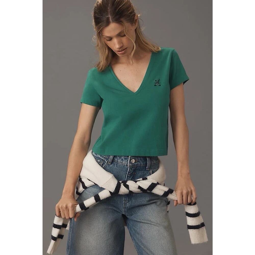 Maeve Anthropologie Green V Neck Tee XS Golf Club Embroidered Top